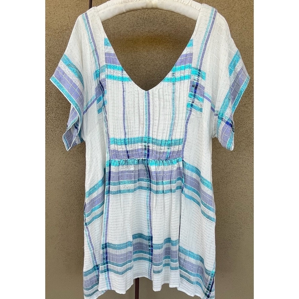 Free People Barcelona Shimmer Plaid Mini Dress Metallic Sparkle Boho Beach Large - Picture 10 of 12